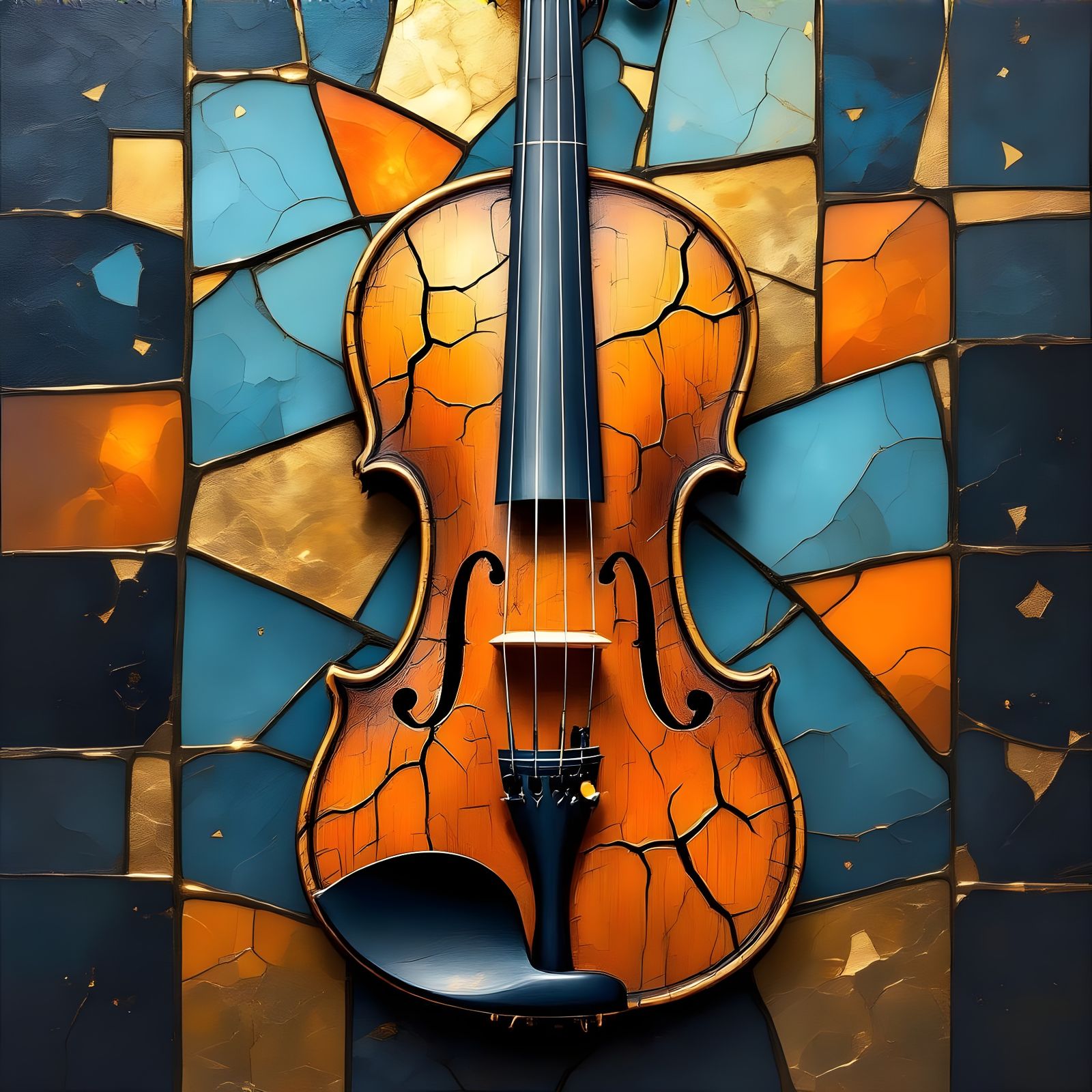 Surreal Wooden Violin in Ancient Lacquerware Style with Geom...