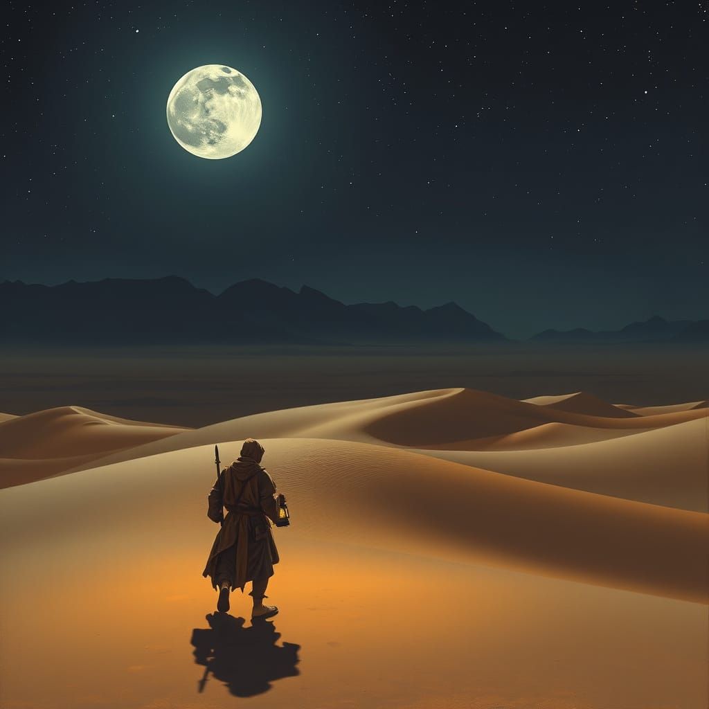 Surreal Desert Wanderer Under Starry Skies with Lantern Ligh...