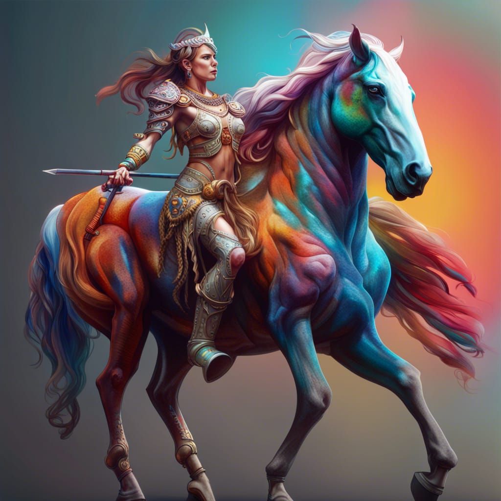Colorful Centaur Warrior Woman in Hyperrealistic Style