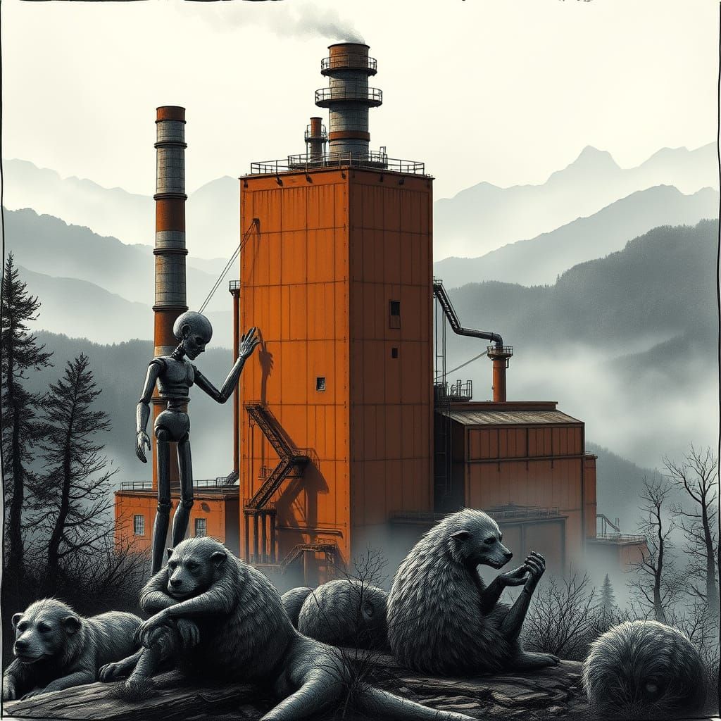 Ethereal Industrial Landscape in Divisionist Style