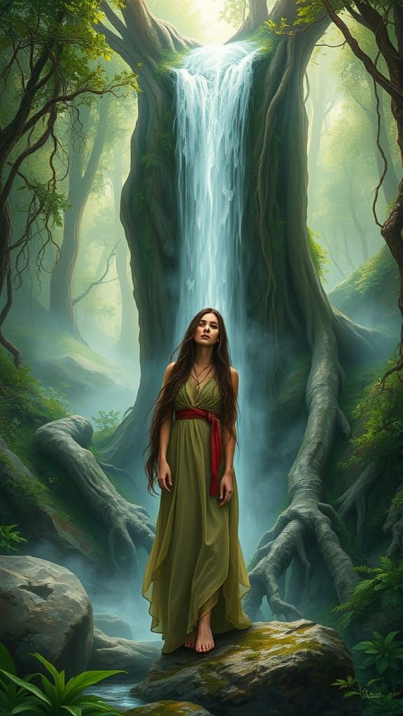 Ethereal Waterfall Goddess in Mystical Realism