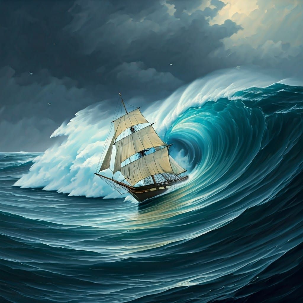 Sailboat Battling a Raging Storm at Sea