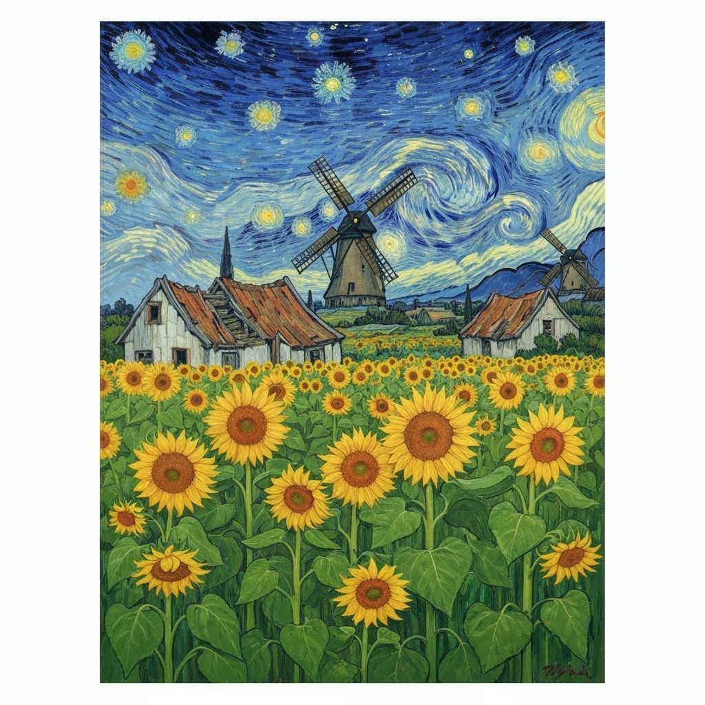 Sunflowers Under Starry Sky with Cottages and Windmills in V...