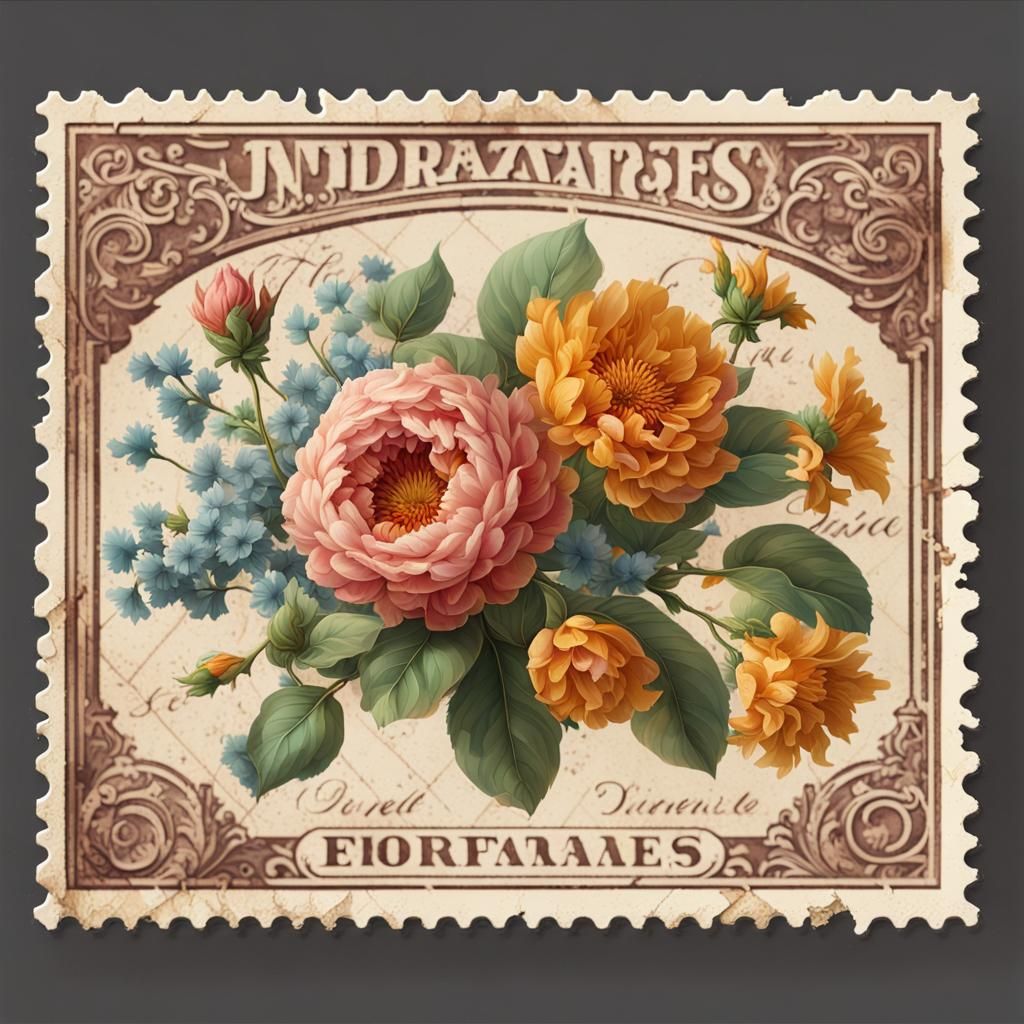Vintage Floral Ephemera on White, Detailed Matte Painting