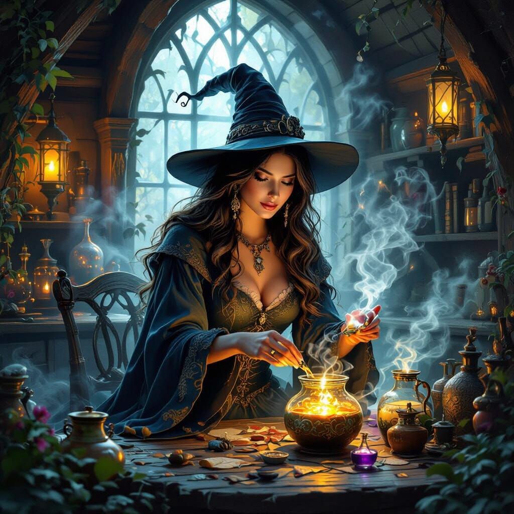 Enchanting Witch Brews Potions in Mystical Home
