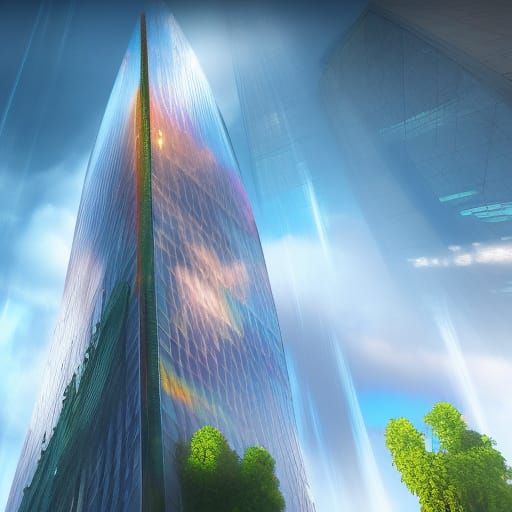 Rainbow Reflecting off Glass Tower in Detailed Matte Paintin...