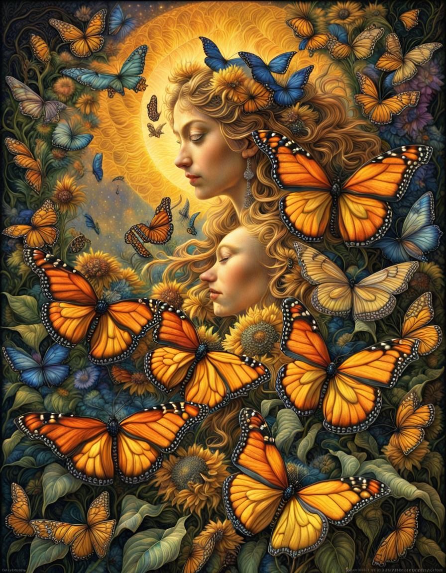Luminescent Woman with Monarch Butterflies and Sunflowers