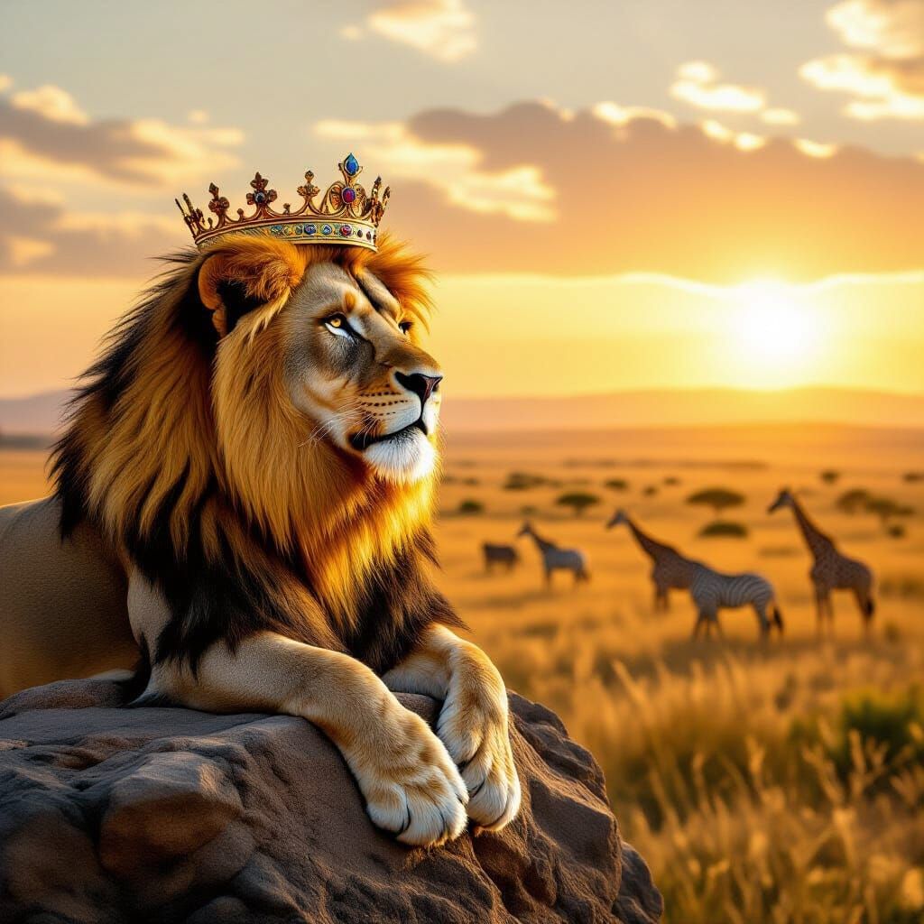 Crowned Lion King Overlooking African Savannah
