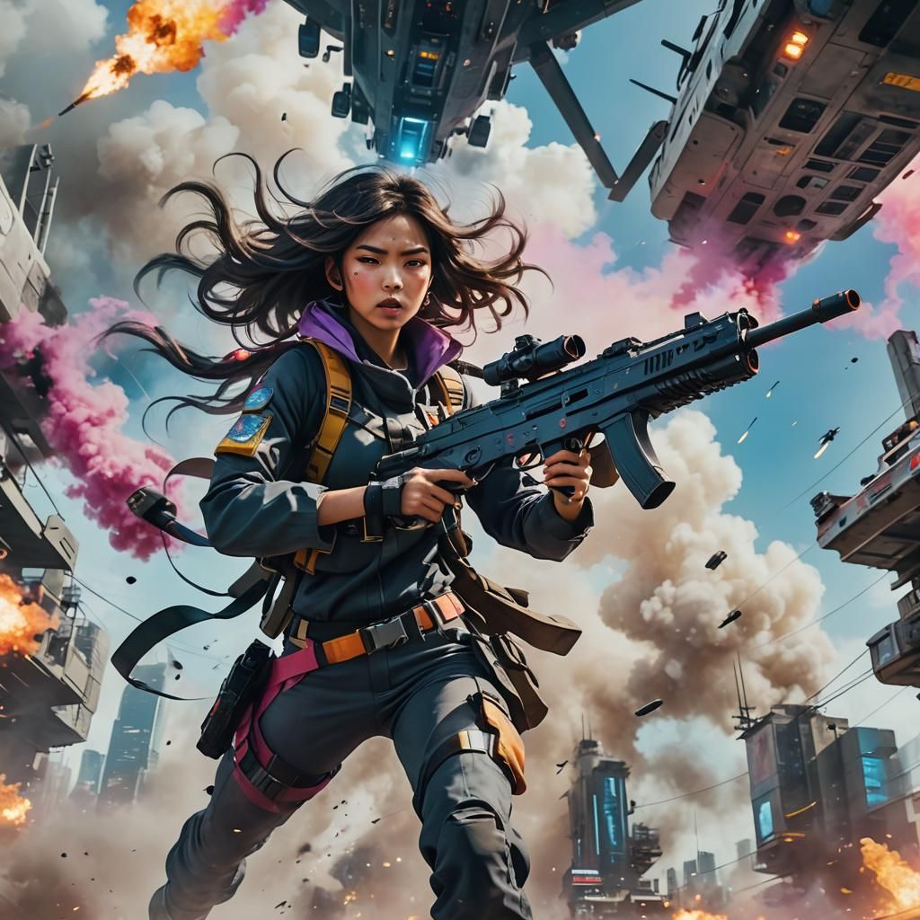 Asian Woman Cosplay Fires Gun from Sci-Fi Helicopter