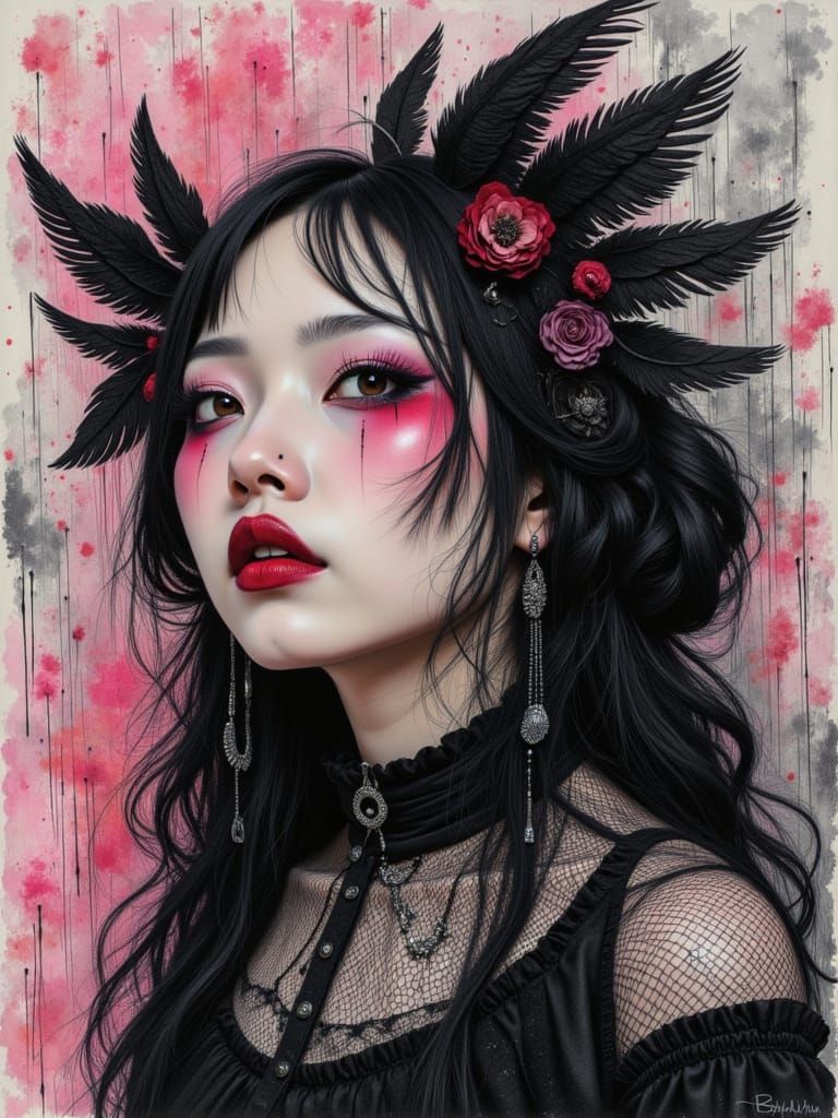 Gothcore Woman in Colorful Chalk Art Style