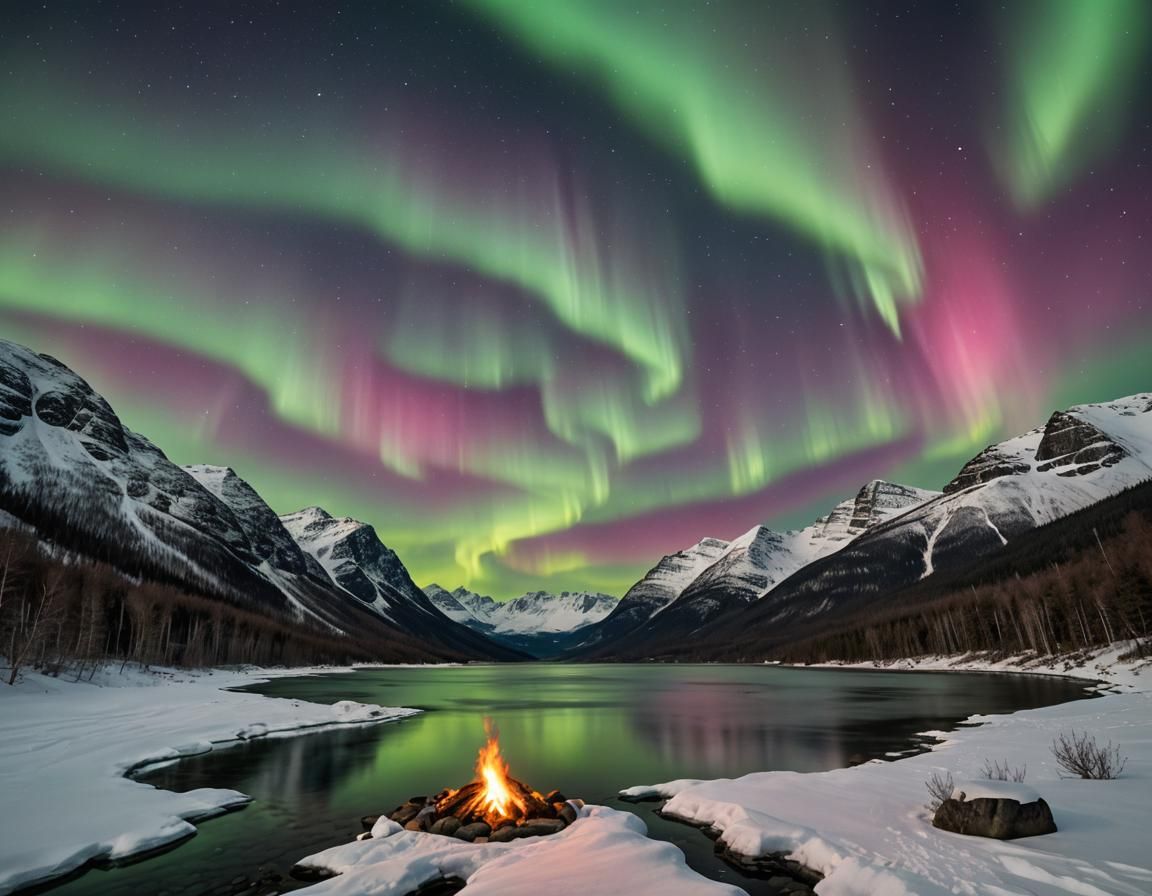 Luminous Aurora Borealis Over Snowy Mountains