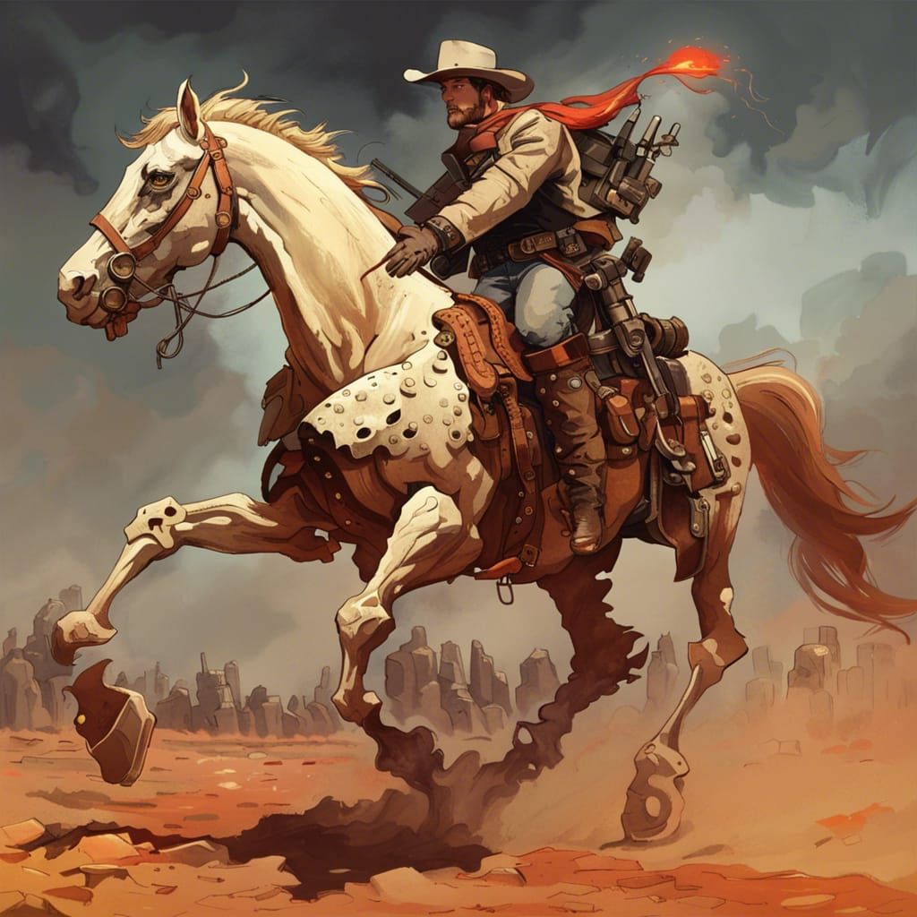 Cowboy on Mecha Horse in Savage Hellscape