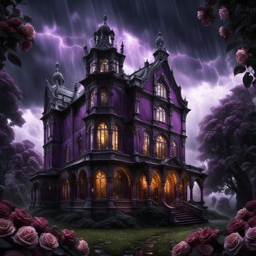 Victorian manor, spice berry purple with white trim, roses, ...