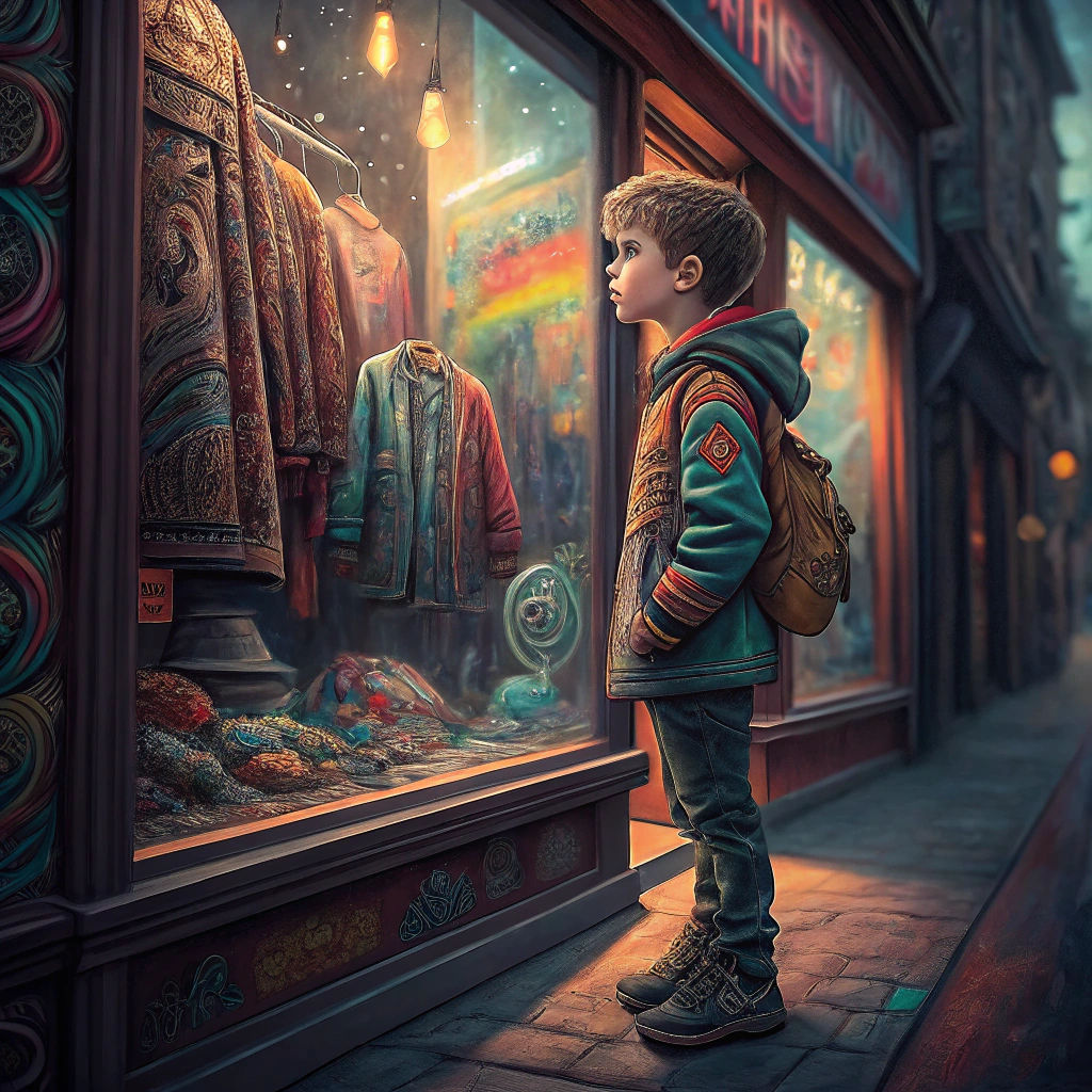Boy's Reflection Shows Colorful Store Clothes