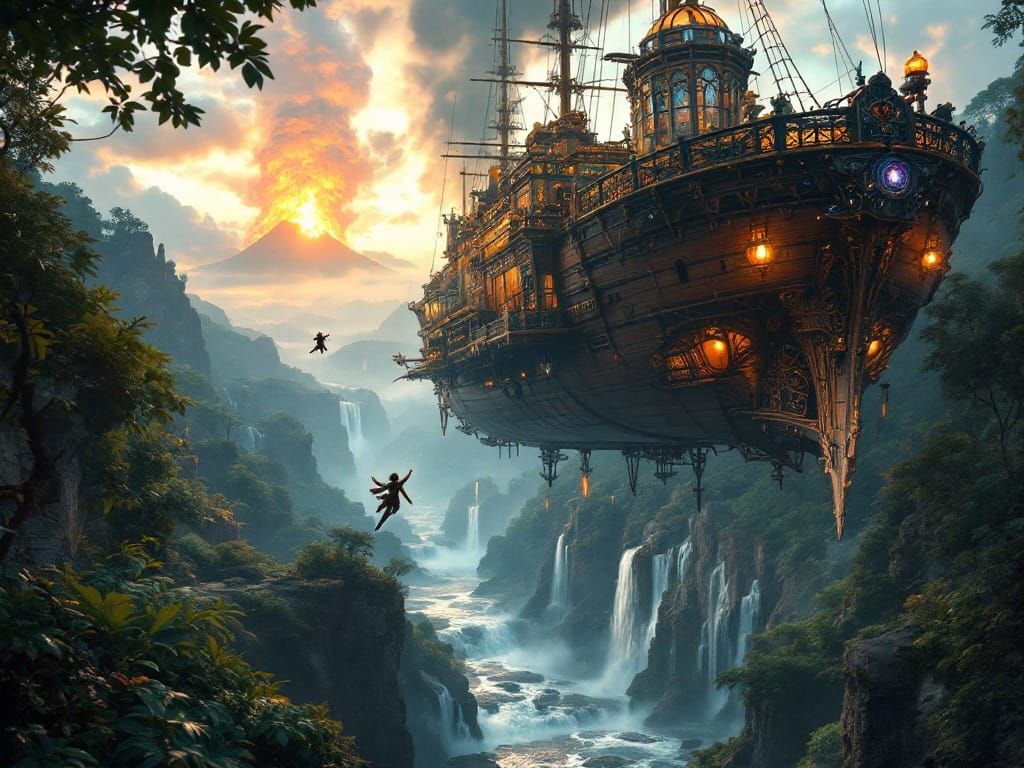 Steampunk Pilot Soars Above a Chasm in a Gargantuan Flying S...