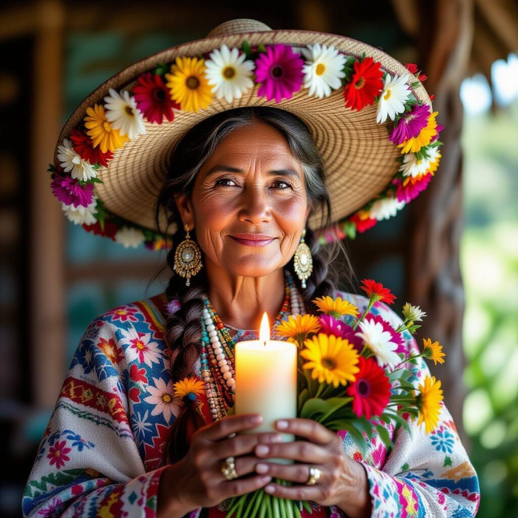Stunning South American Woman with Candle and Flowers