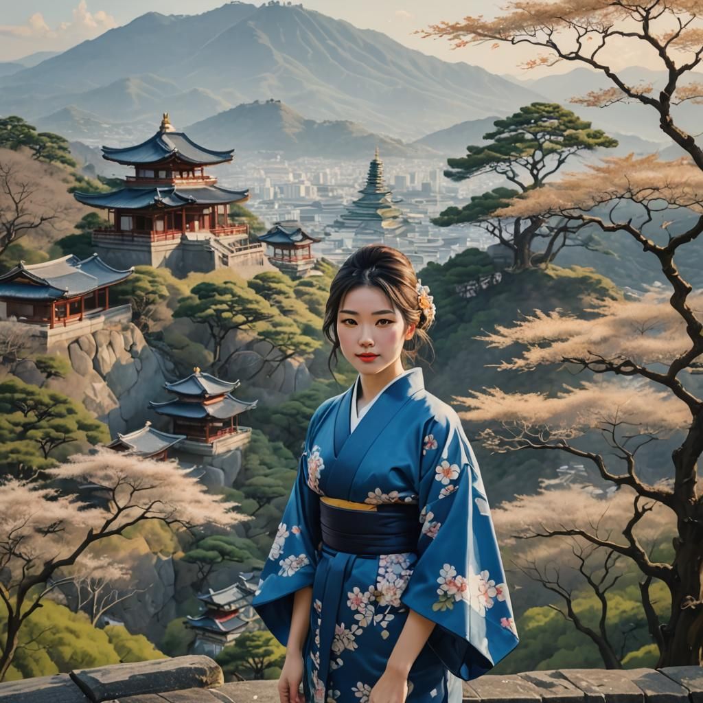 Woman in Kimono at Hillside Temple