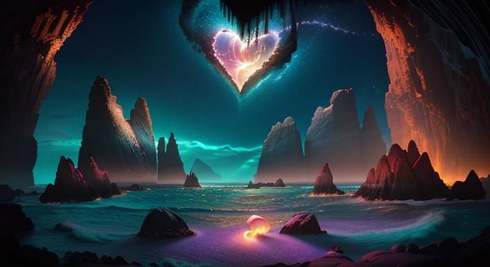 Heart Sunset Beach with Glittering Waves in Hyperrealism