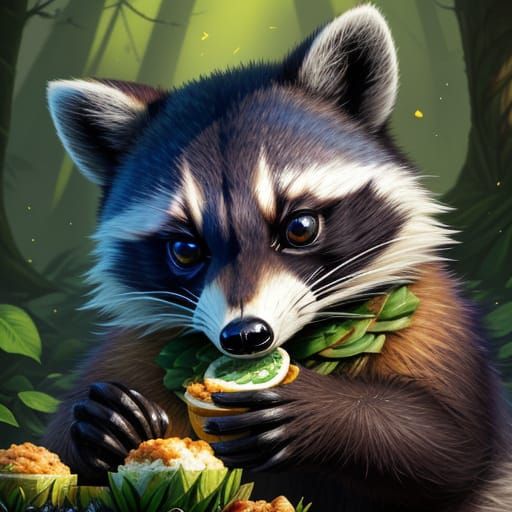 Cartoon Raccoon Enjoying Forest Meal: Digital Art