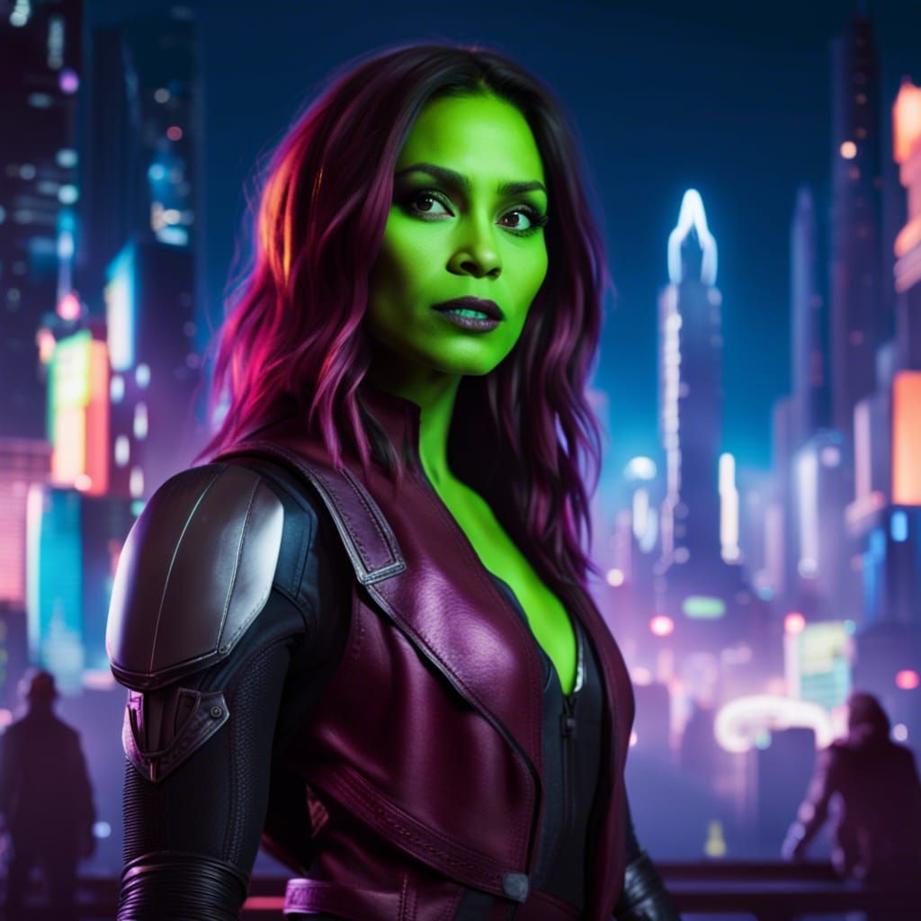 Gamora in Extraterrestrial Cyberpunk Cityscape