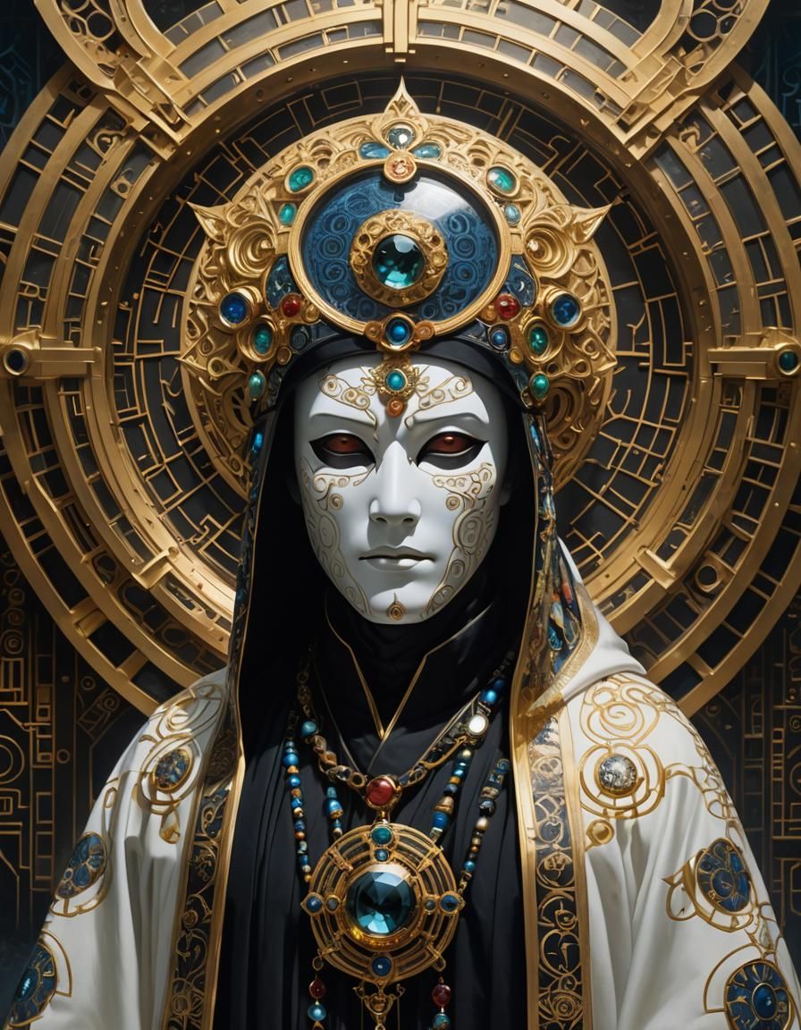Enigmatic Figure in Futuristic Mask: Digital Art