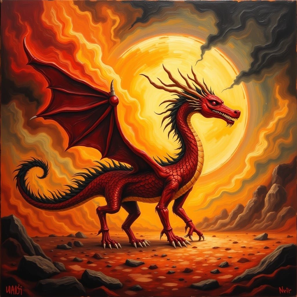 Majestic Fire Dragon in Grungy Oil Painting Style