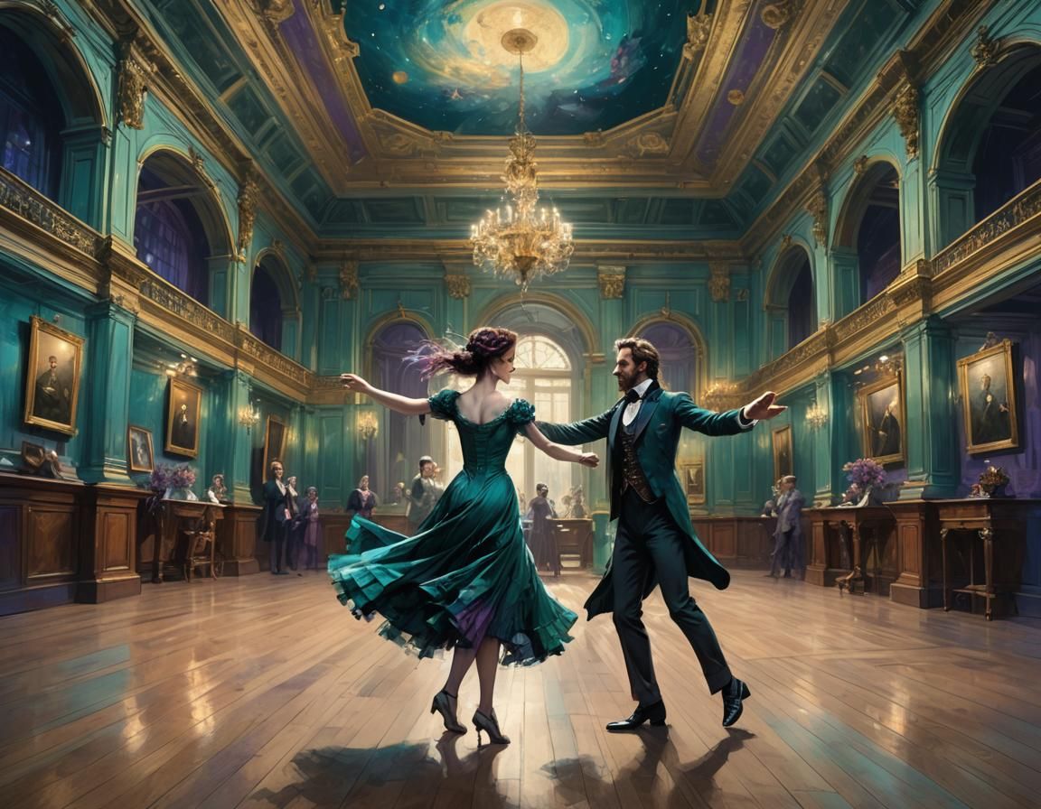 Elegant Couple Dancing in Dreamlike Hall