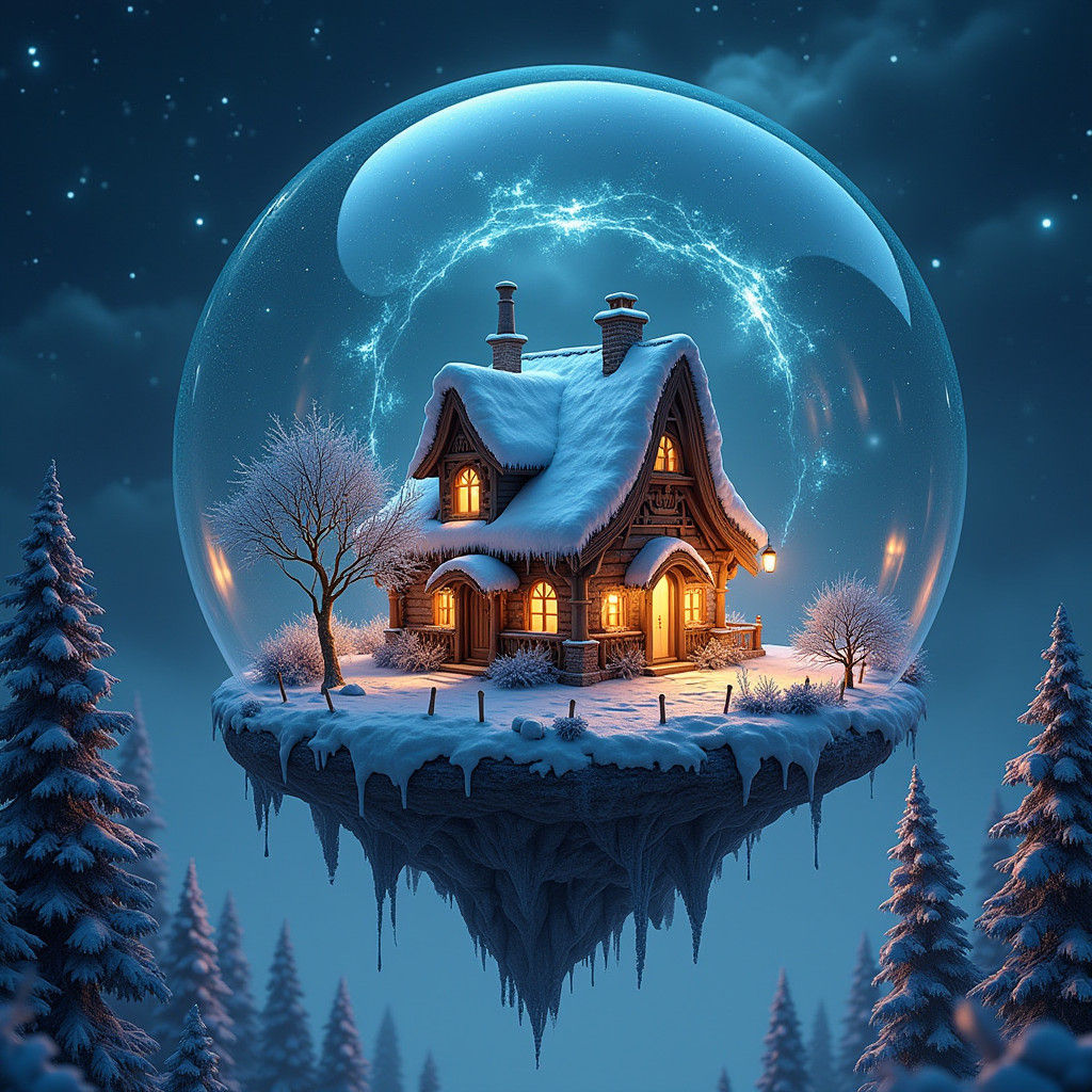 Snowy Cottage in Glass Sphere, Digital Painting