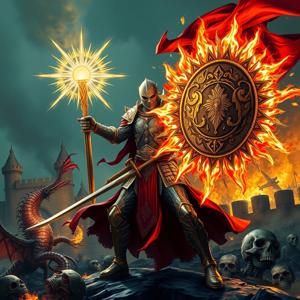 Battlemage Casts Sunshield Roar in Dystopian Landscape