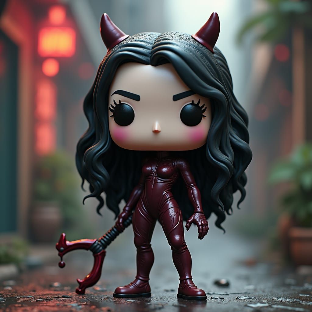 A funko pop beautiful woman in red latex catsuit with black hair and pale skin, holding a staff