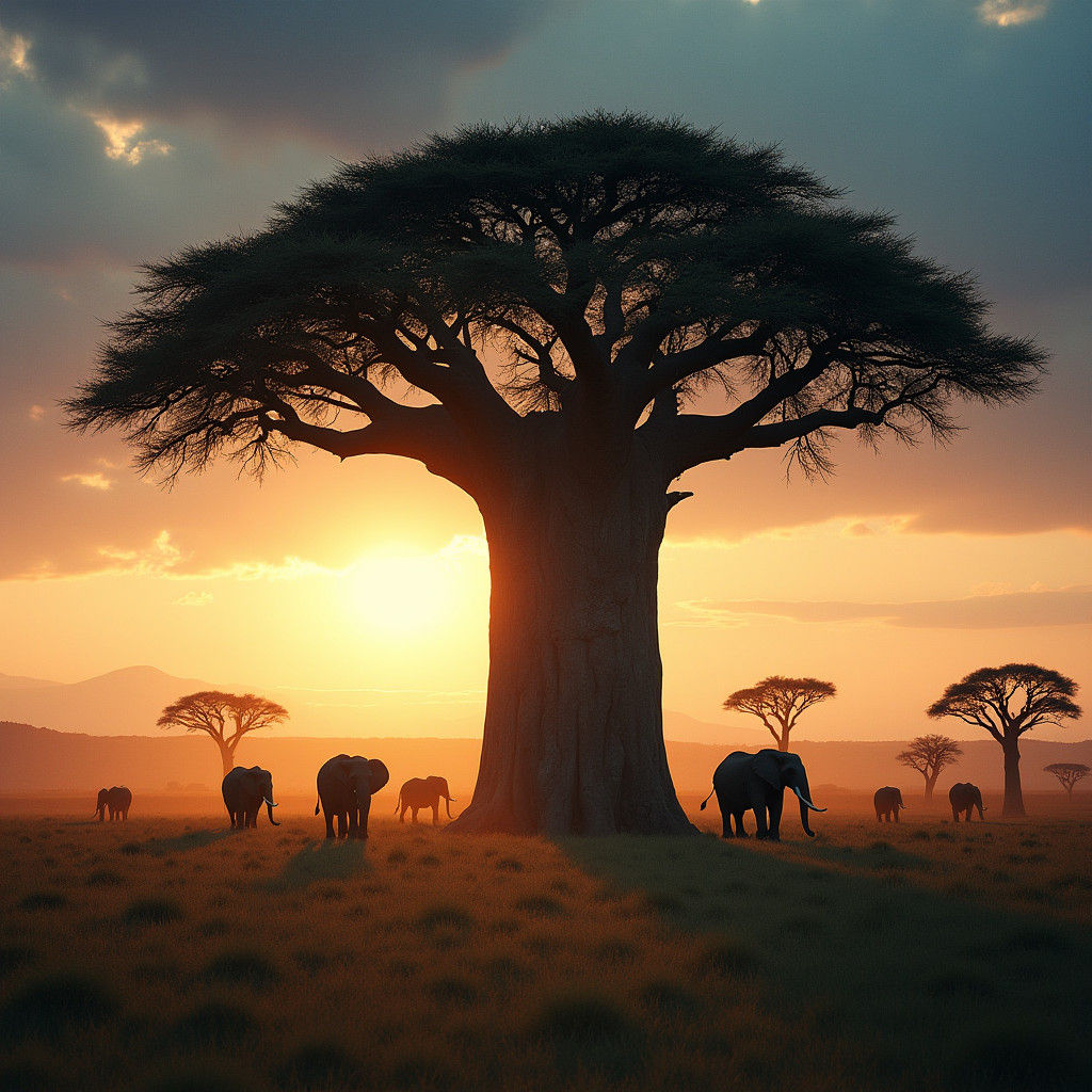 Baobab Tree and Elephants at Sunset: Cinematic Still
