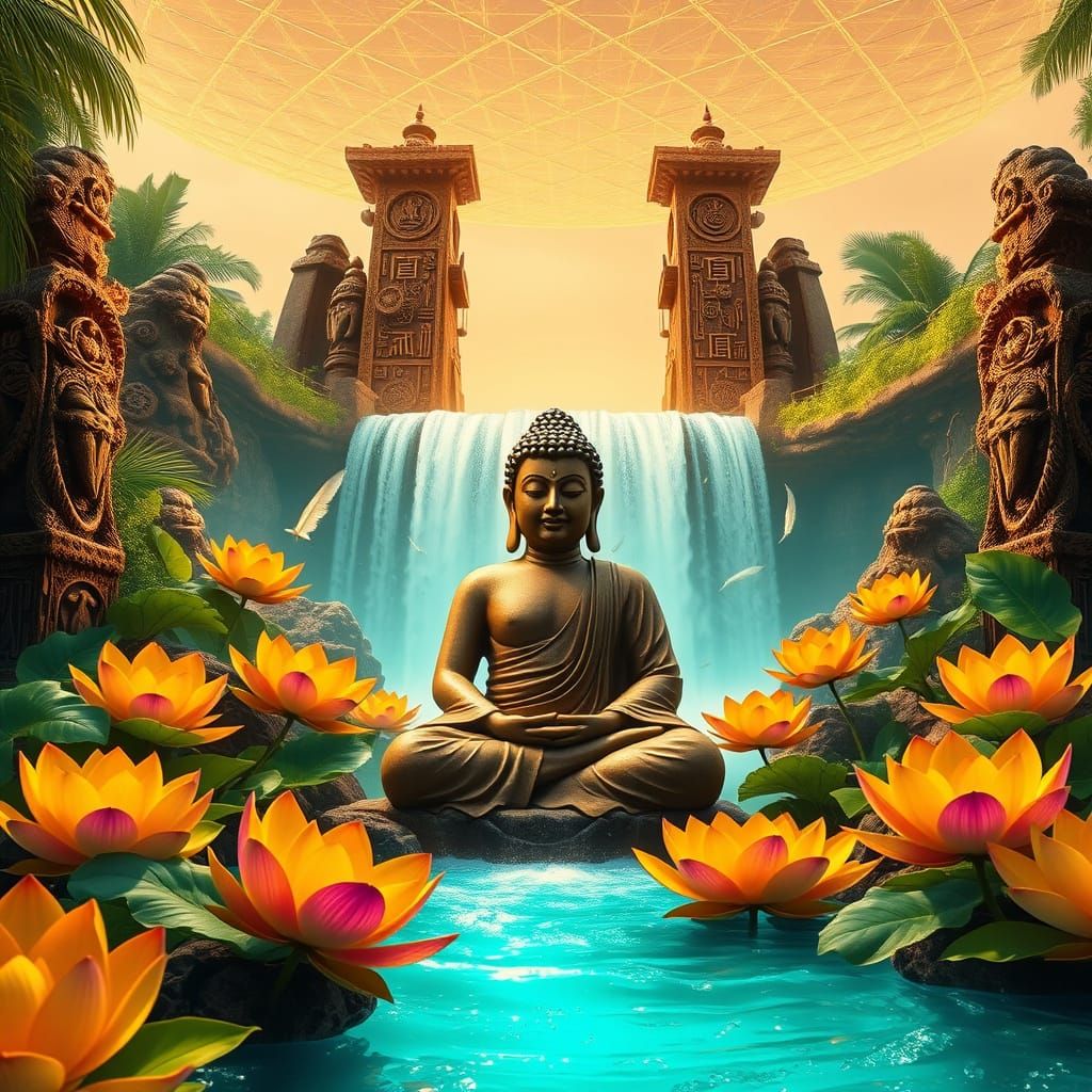 Buddha in a Tropical Paradise with Neon Lotus Flowers