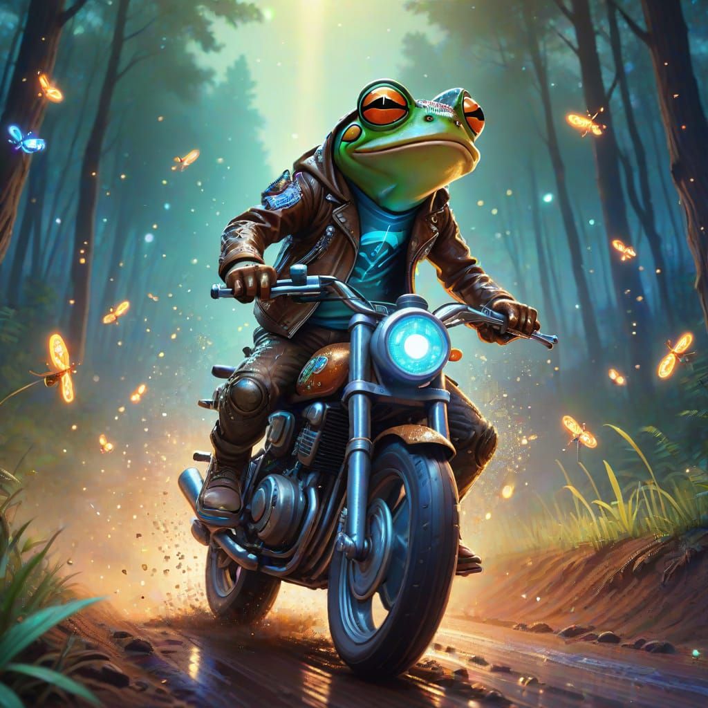 Psychedelic Frogs on a Motorcycle in Cosmic Illustration
