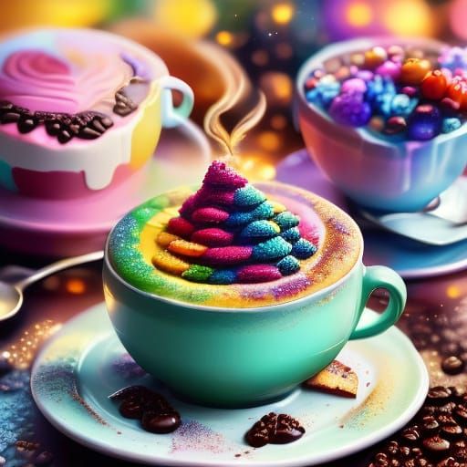 Vibrant Coffee and Rainbow Cake Food Illustration