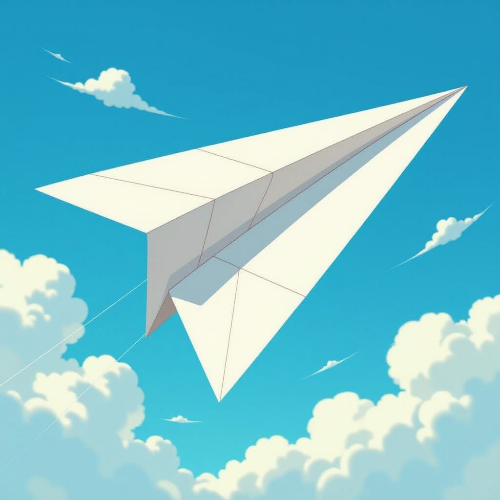 Paper Airplane Soaring Through Whimsical Sky
