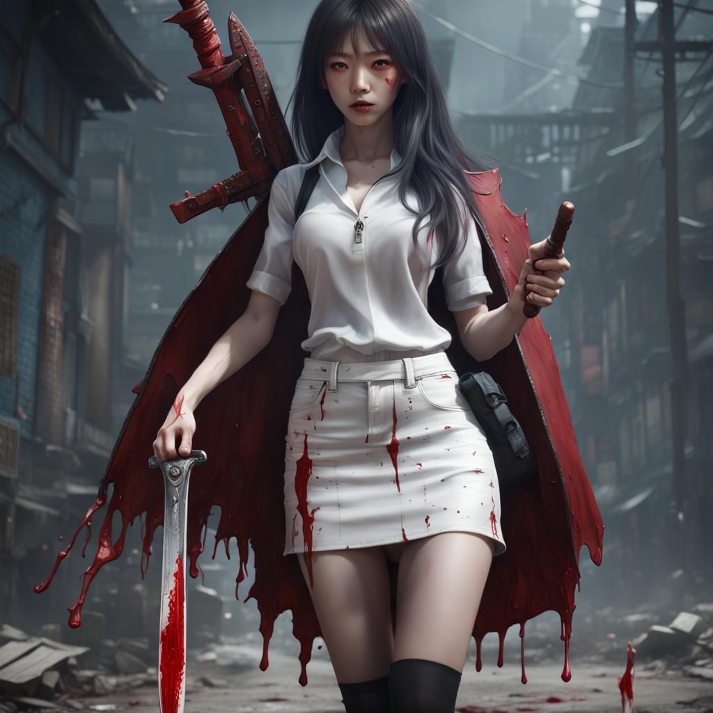 Bloody Korean Schoolgirl with Knife: Fantasy Art