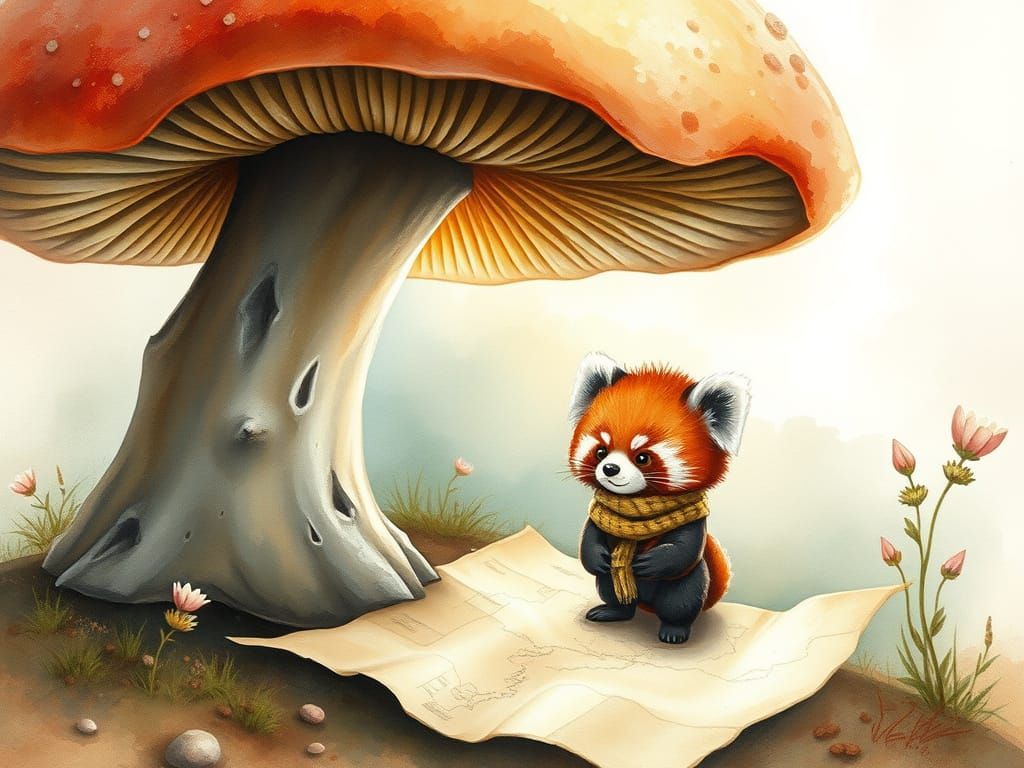 Red Panda Explorer Charts Map in Watercolor Style