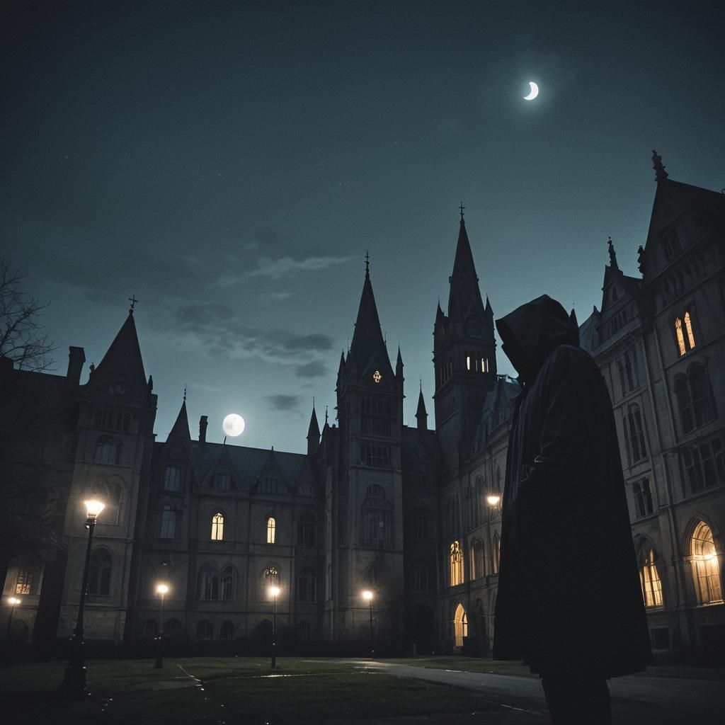 Hooded Figure at Arkham Asylum in Noir Style