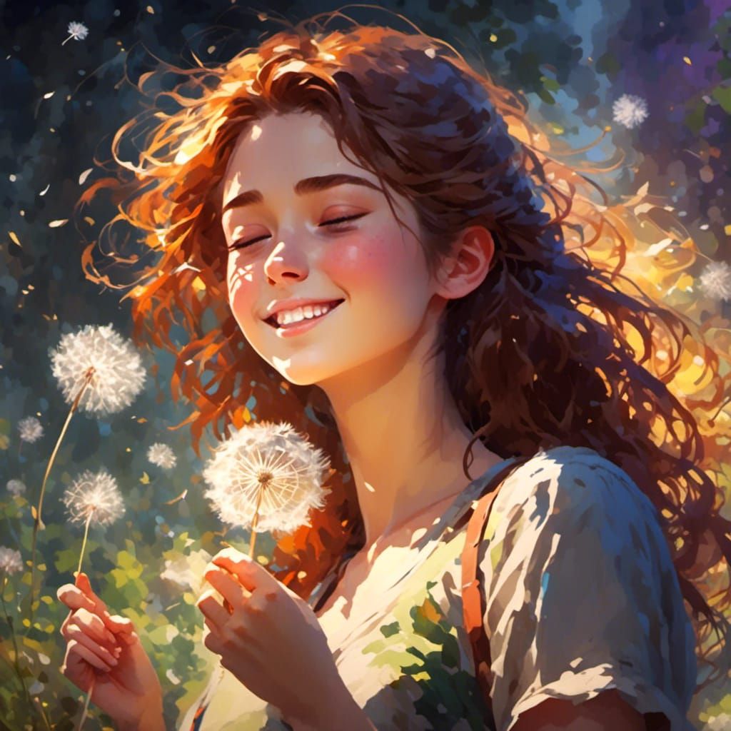 Woman with Dandelions in Impressionist Anime Style