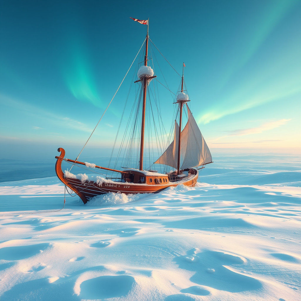Snowy Sailboat in Winter Landscape as Matte Painting