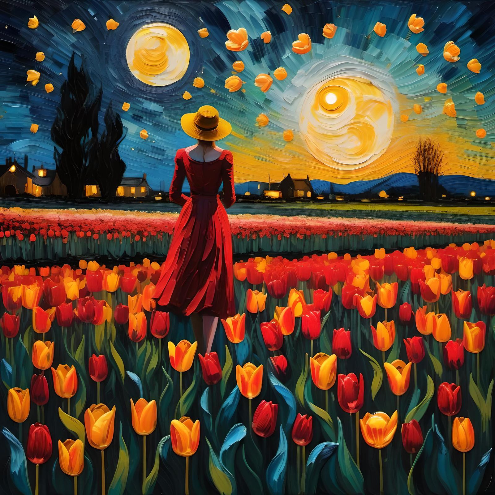 Starry Night Tulip Field in Van Gogh Style