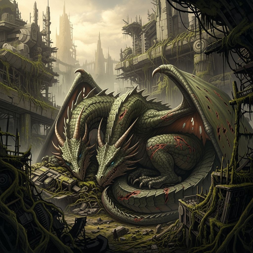 Three-Headed Dragon in Overgrown Ruins