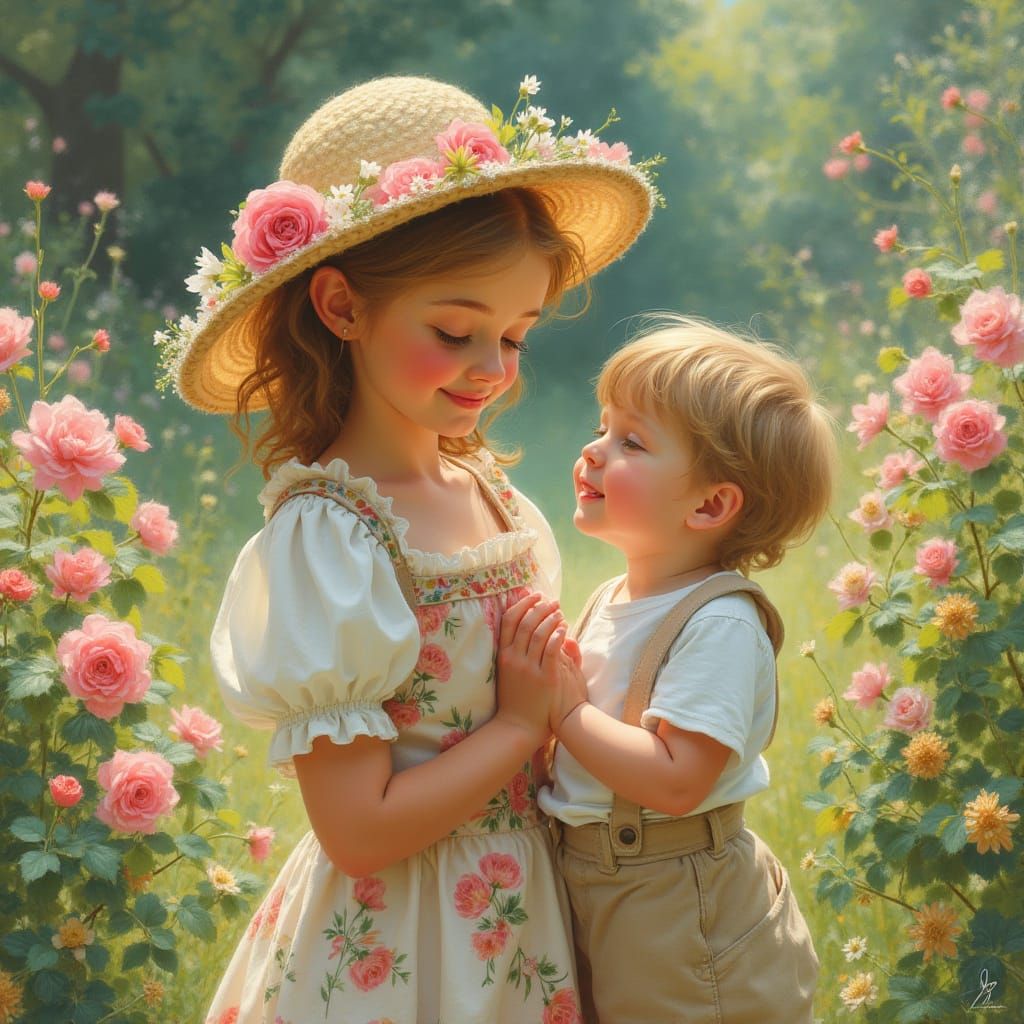 Mother and Child in a Vibrant Garden