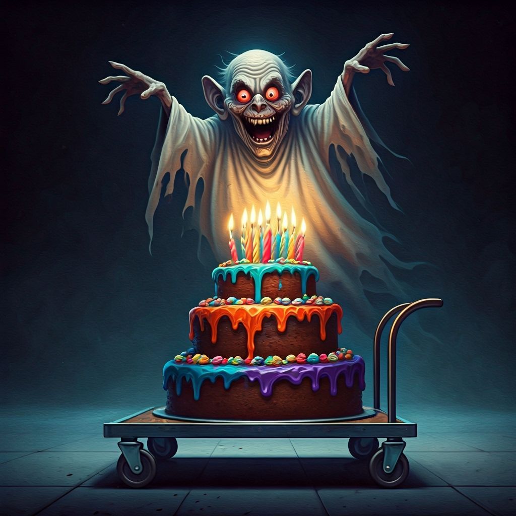 Spooky Birthday Cake with Ghost & Candles in Oil Painting St...
