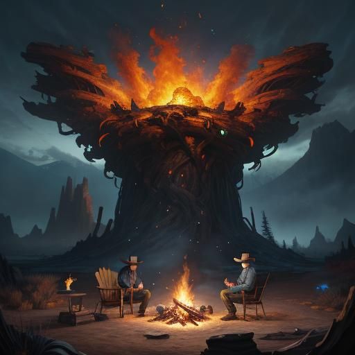 Campfire Animals with Cowboy in Detailed Matte Painting