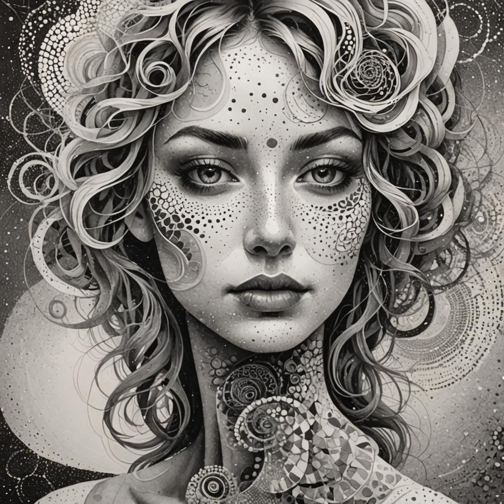 Monochromatic Stippled Portrait Merging into Abstract Spiral...