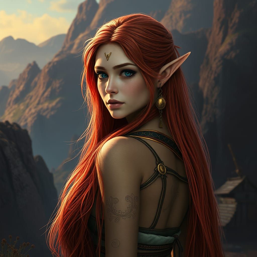 Red-Haired Elf in Fantasy Landscape Concept Art