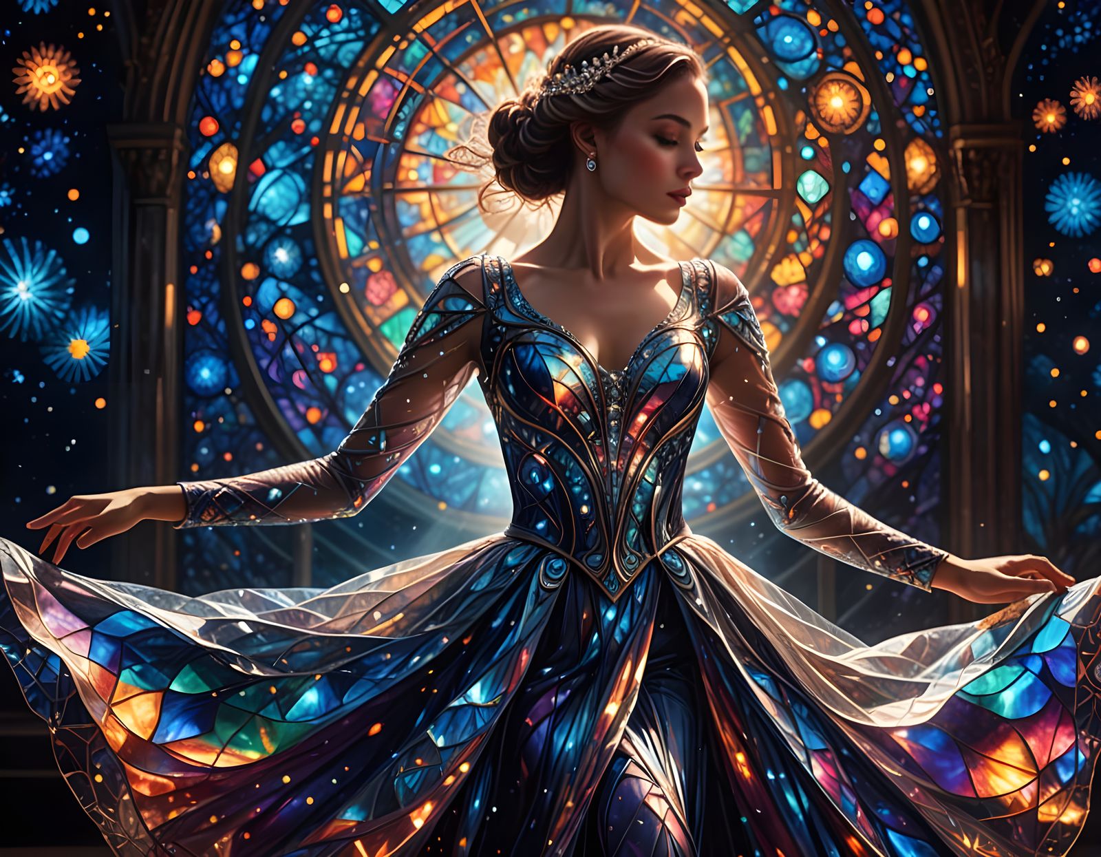 Cosmic Ballerina in Stained Glass Gown