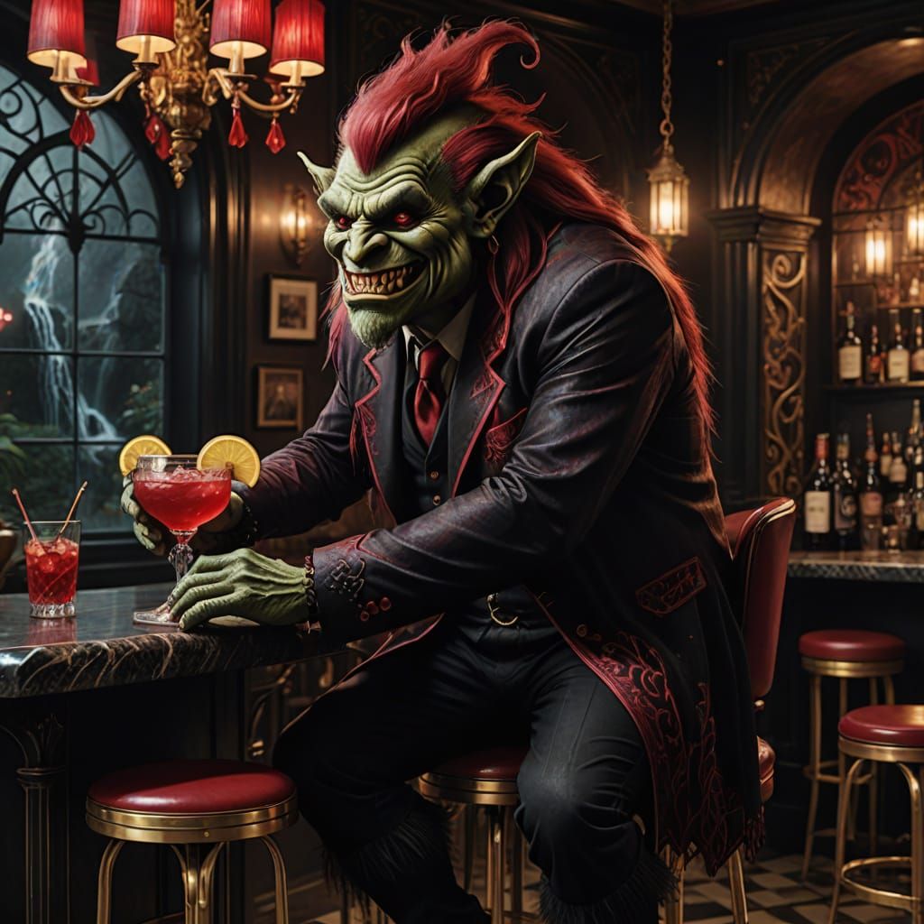Gothic Troll Waterfall Cocktail in Art Deco Speakeasy