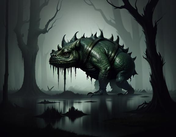 Menacing Bullywug in Misty Swamp, Dark Fantasy Illustration